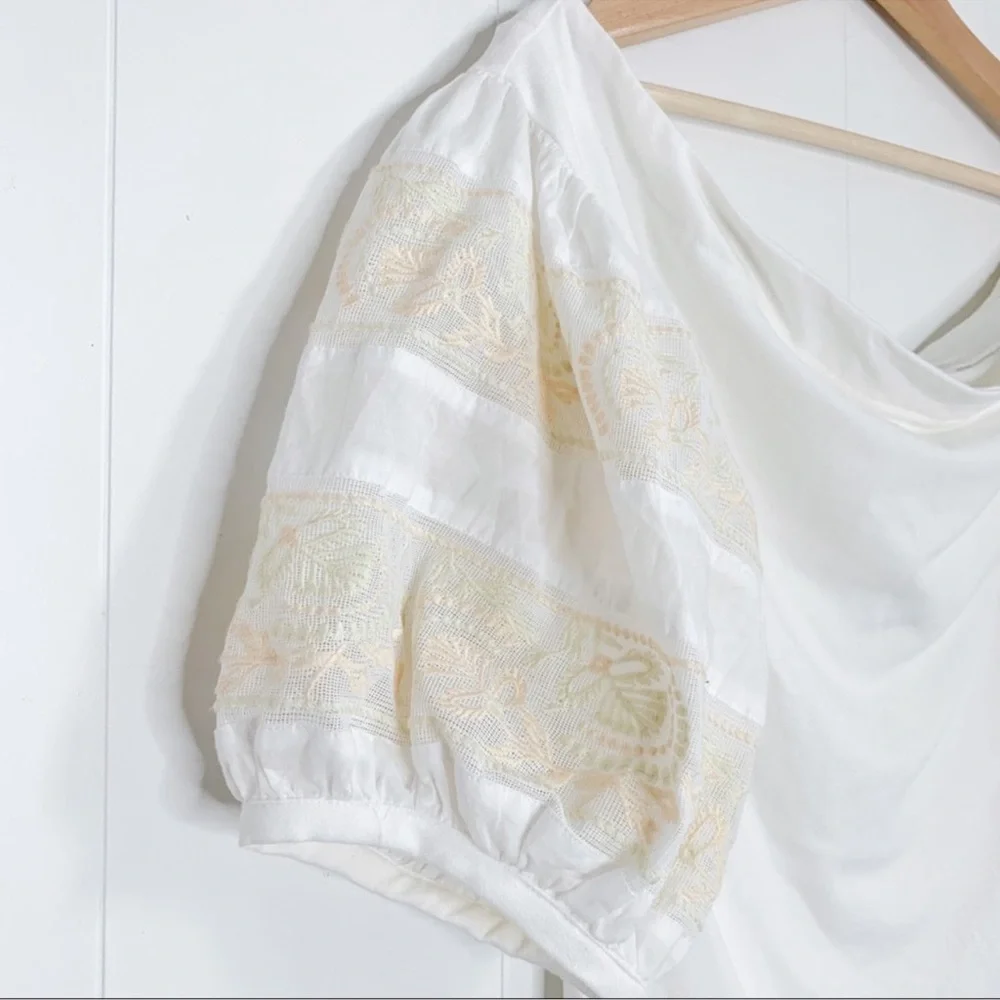 Free People Cream Blouse with Lace Puff Sleeves